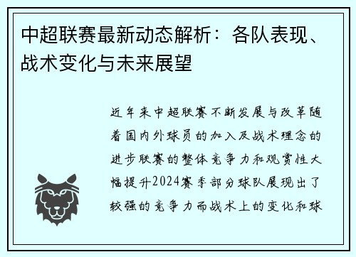 中超联赛最新动态解析：各队表现、战术变化与未来展望