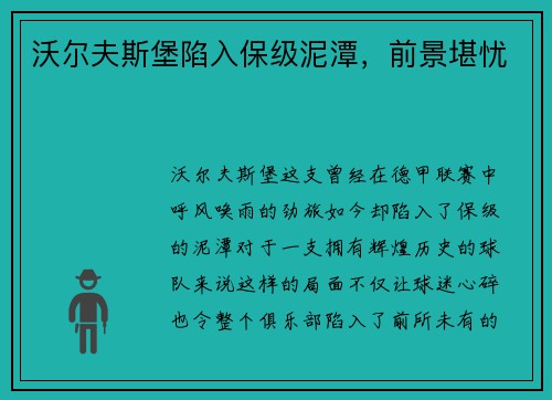 沃尔夫斯堡陷入保级泥潭，前景堪忧